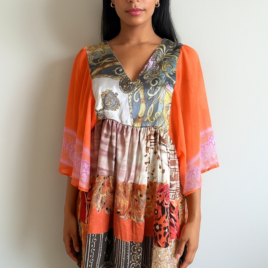 Nuuly X Place Nationale Boho Mini Dress Festival Patchwork,Upcycled,Silk Large